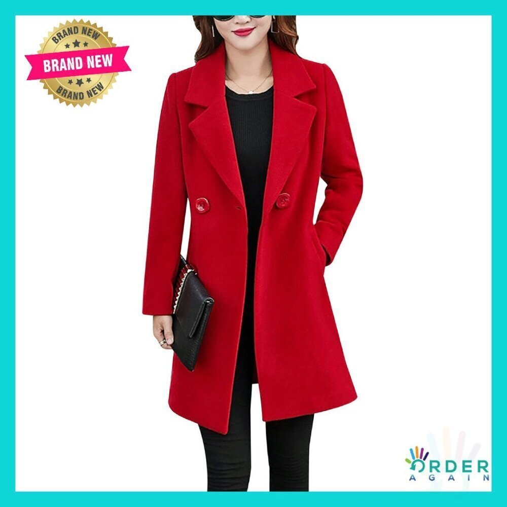 Wool Blend Pea Coat Notched Collar Classic Elegant Slim Fit Mid Length
